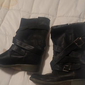 Black Combat and Moto Boots with Buckle Details by rocketdog